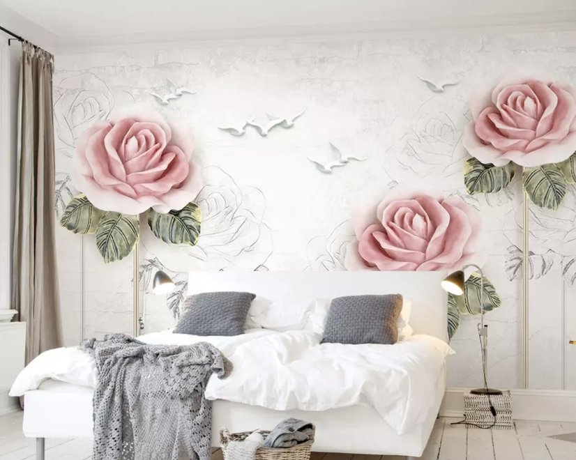 Fototapete mit Zartrosa Blumen und Kohlezeichnung von Rosen