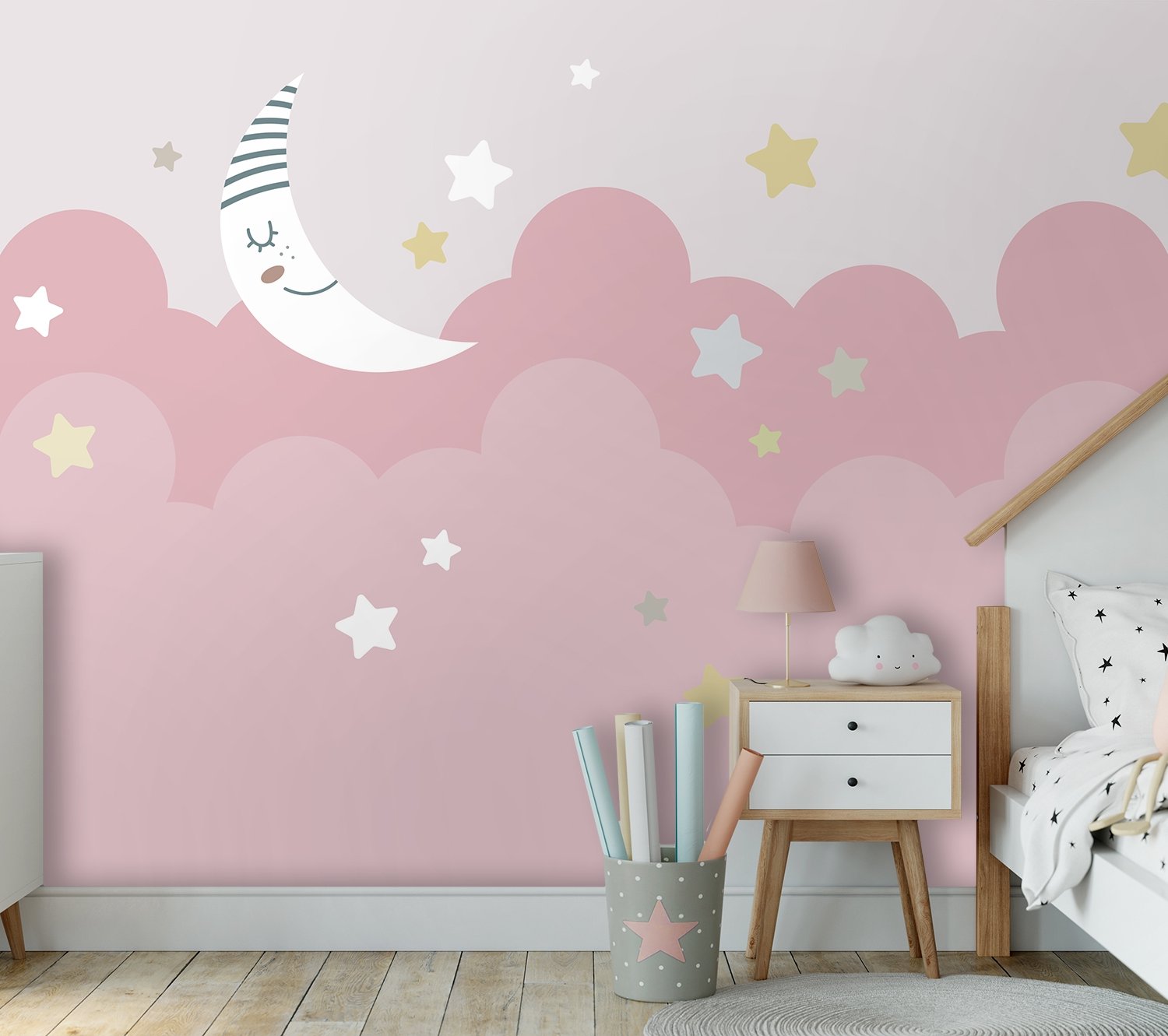 Cartoon Pink Sky and Moon Wallpaper Mural - Peel and Stick