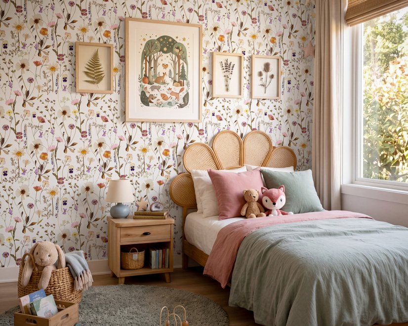 Cute spring wallpaper with pressed ivory, pink, blue and yellow wildflowers on a white ground