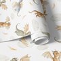 Kids wallpaper with sage, caramel and blue-gray watercolor dragons, clouds, sun and stars on white