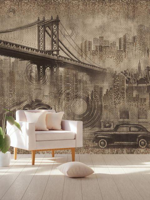Papier peint panoramique ville européenne vintage avec pont de Brooklyn