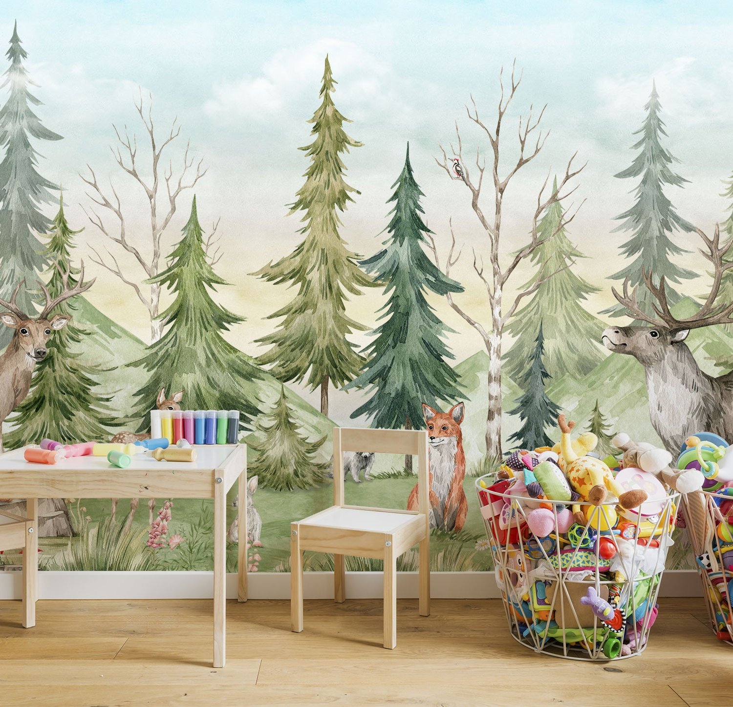 Kids Watercolor Pine Tree Forest with Animals Wallpaper Mural - Peel and Stick