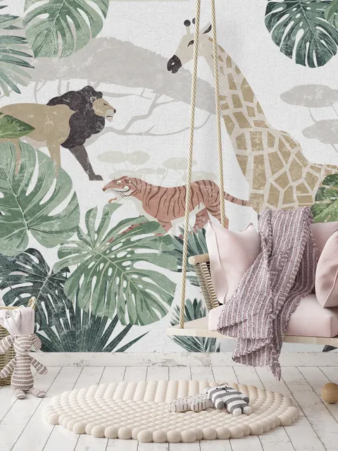 Retro Wild Animals with Tropical Leaves Wallpaper Mural