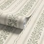 Green aesthetic wallpaper with sage leafy sprigs, fine vertical rules and dotted borders on cream ivory