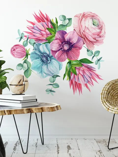 Aquarell Rosa Protea mit Ranunkel und Tulpen Wandtattoo