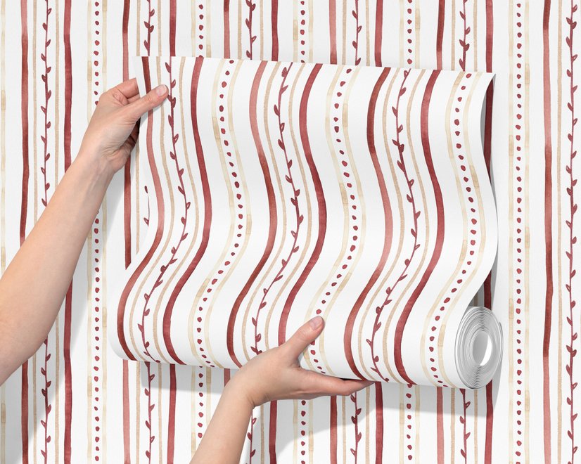 Watercolor stripe leaf wallpaper with burgundy dots and heart leaves on a bright white ground