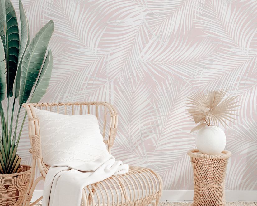 Soft Pink Palm Leaf Tropical Leaves Wallpaper Mural