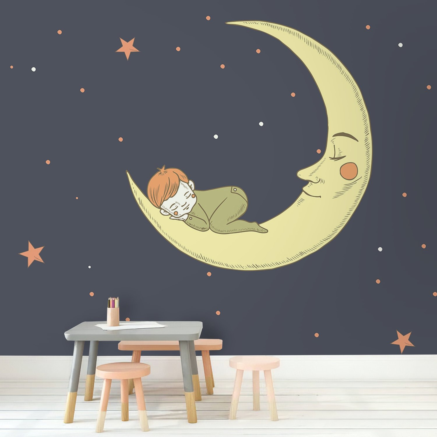 Cartoon Moon with Little Child and Night Sky Wallpaper Mural - Peel and Stick