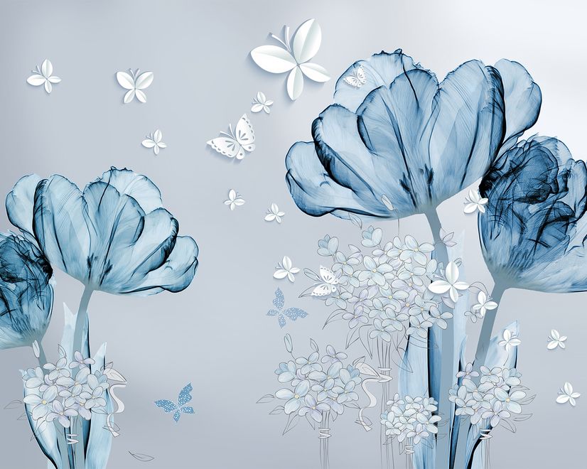 Blue Transparent Floral and White Butterflies Wallpaper Mural