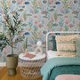 Modern coastal wallpaper with watercolour tropical fish, coral, seaweed, shells and bubbles on light aqua-blue