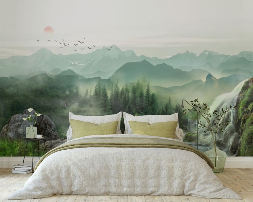 Waterfall with Misty Green Forest Landscape Wallpaper Mural