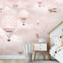 Kids Girls Pink Sky of Hot Air Balloon and Aircraft Wallpaper Mural
