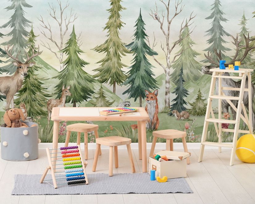 Kids Watercolor Pine Tree Forest with Animals Wallpaper Mural
