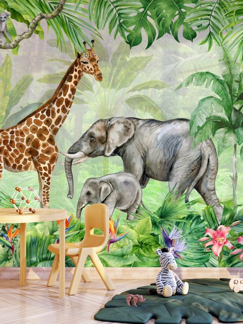 Papier peint jungle avec animaux de safari aquarelle pour enfants