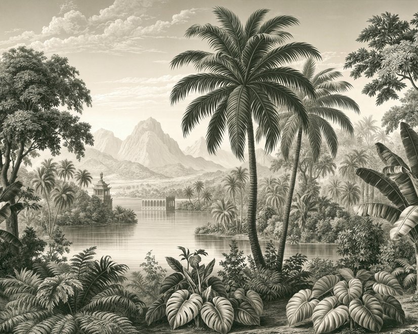 Sepia tropical landscape wallpaper with palms, banana plants, lagoon, bridge and mountains