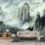 Papier peint panoramique des montagnes chinoises brumeuses et des chutes d'eau