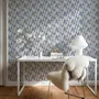 Cream colored wallpaper with denim blue geometric totem stripe repeat on a linen texture ground