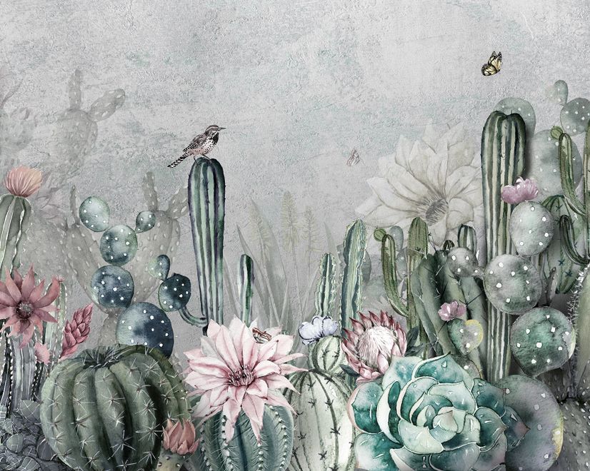 Aquarell-Kaktus mit Blumen Fototapete