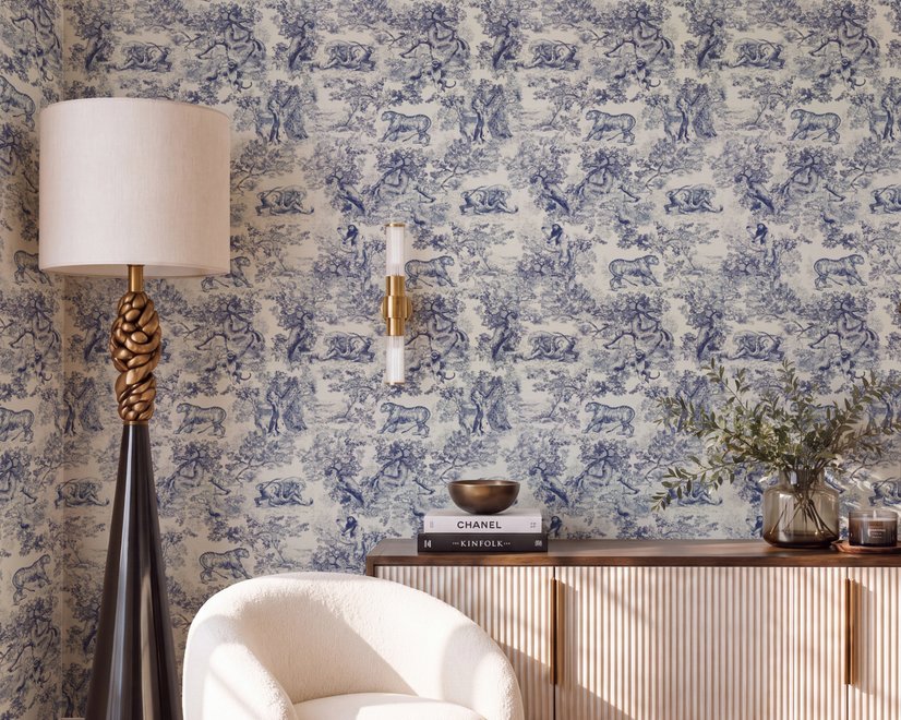 Jungle wallpaper with animals in navy toile, showing tigers, elephants and monkeys on an ivory cream ground