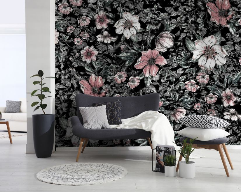 Papier peint panoramique floral foncé avec marguerite blanche