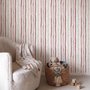 Watercolor stripe leaf wallpaper with burgundy dots and heart leaves on a bright white ground