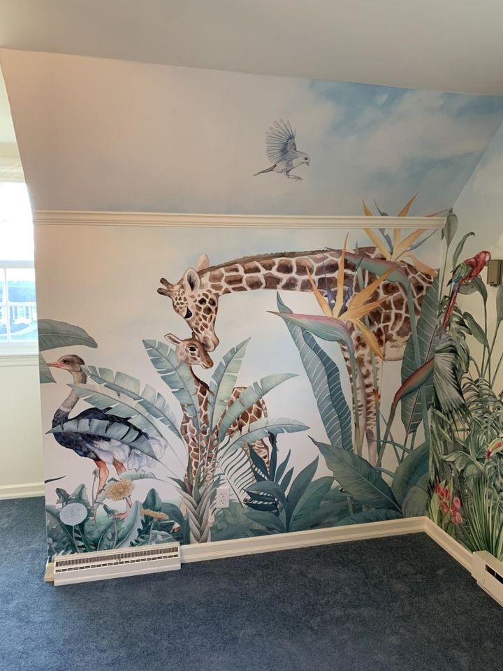 Kids Safari Animals with Fresh Tropical Leaves Wallpaper Mural