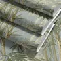 Bamboo oil painting wallpaper with olive leaves and ochre canes on a soft blue-grey ground