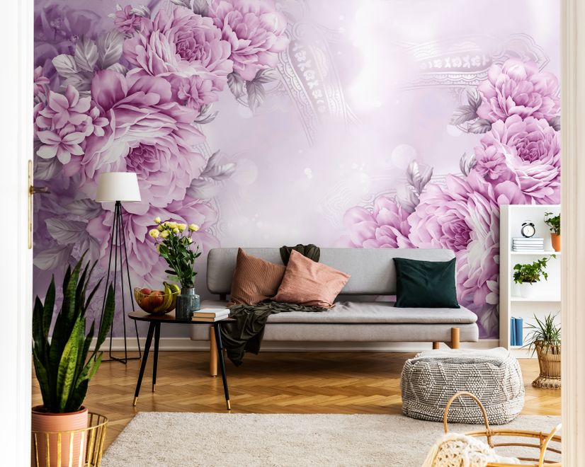 Papier peint panoramique pivoines roses dessinées