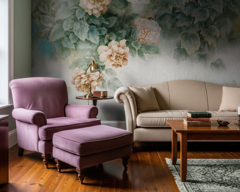 Vintage Floral and Green Leaf Wallpaper Mural