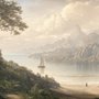 Landscape wallpaper mural with sepia coastal mountains, sailboat, beach figure and foreground tree