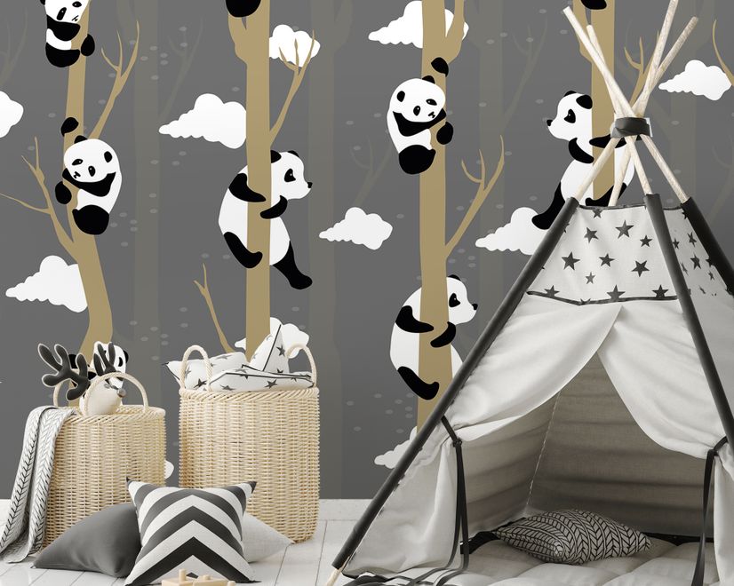 Cartoon Pandas with Tree Branches Wallpaper Mural