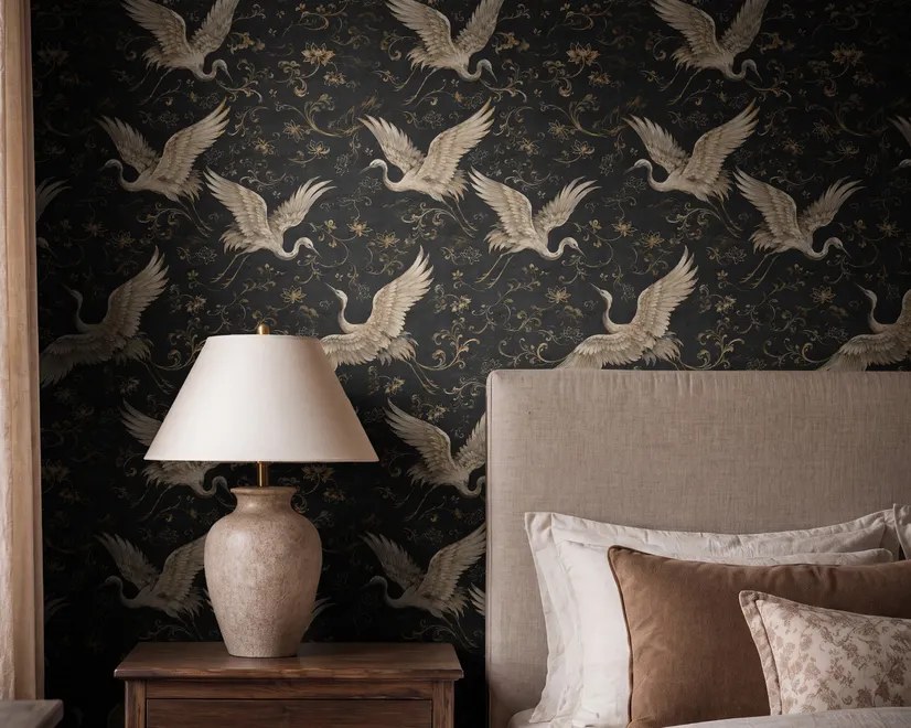 Ivory cranes and antique gold lotus flowers on charcoal-black Japanese lotus wallpaper