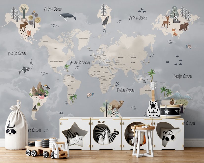Papier peint panoramique de la carte du monde pour les enfants