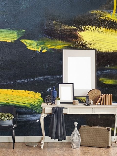 Papier peint panoramique éclaboussures noir et jaune effet peinture à l’huile
