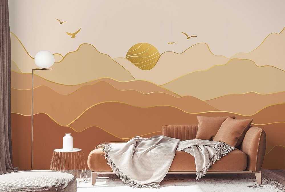 Gold Look Landscape Sunrise Sunset Wallpaper Mural - Peel and Stick