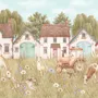 Watercolour rustic farmhouse wallpaper mural with horse, cow, llama, dog, tractor and cottage barns in a wheat meadow