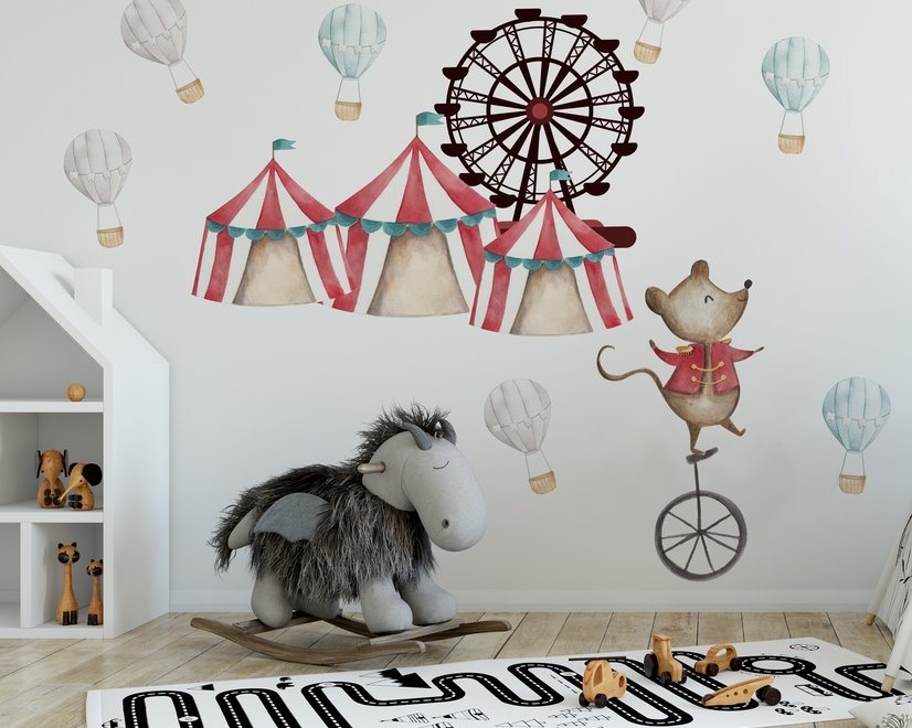 Kinder Aquarell Zirkus Vergnügungspark mit kleinem Heißluftballon Wandtattoo