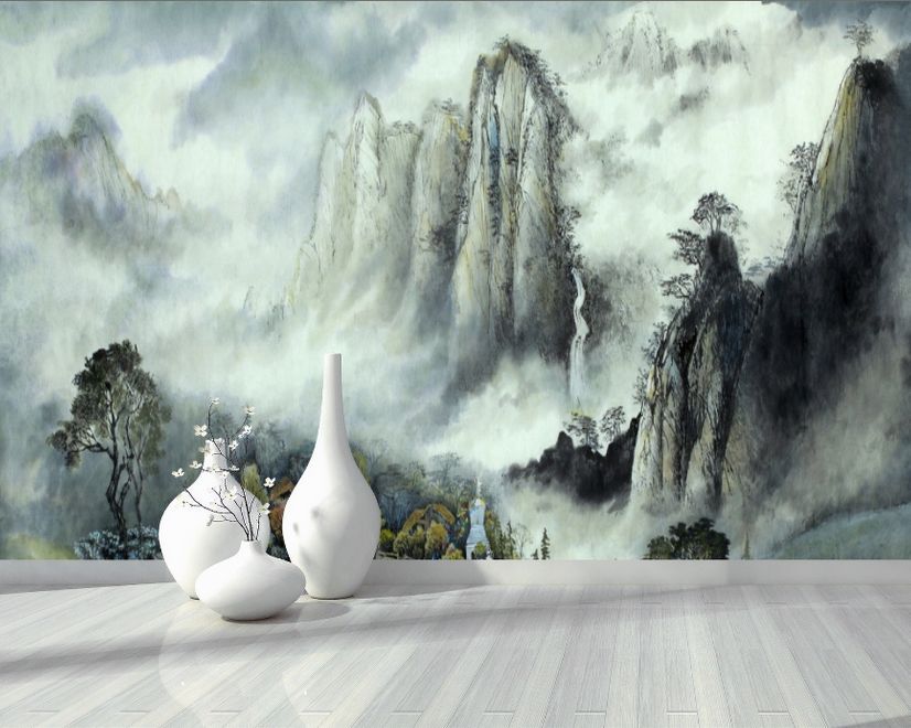 Papier peint panoramique des montagnes chinoises brumeuses et des chutes d'eau