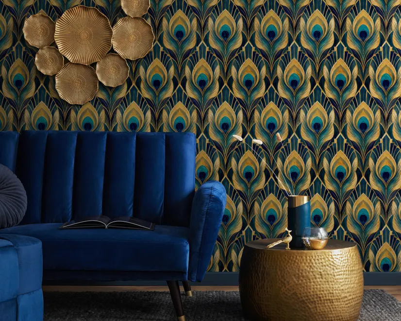 Art Deco feathers wallpaper with turquoise peacock eyes, gold plumes and navy teal ground