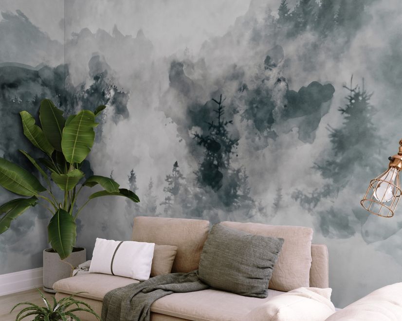 Watercolor Style Abstract Misty Dark Forest Wallpaper Mural
