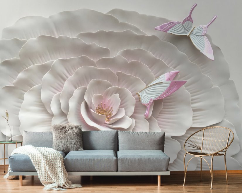3D Embossed Look Flowers and Butterfly Wallpaper Mural