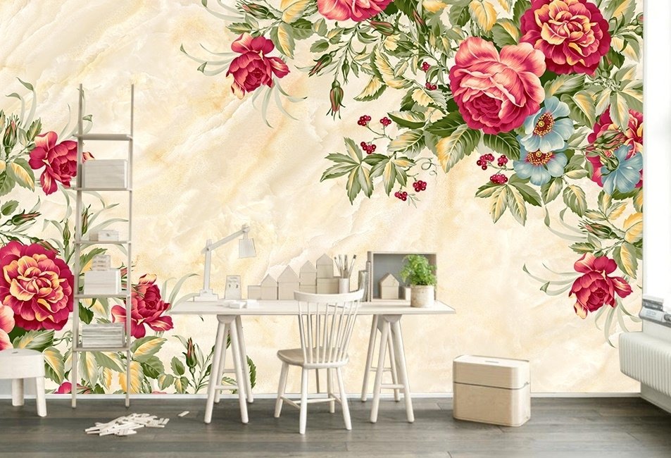 Vintage Pastel Red Floral Wallpaper Mural - Peel and Stick
