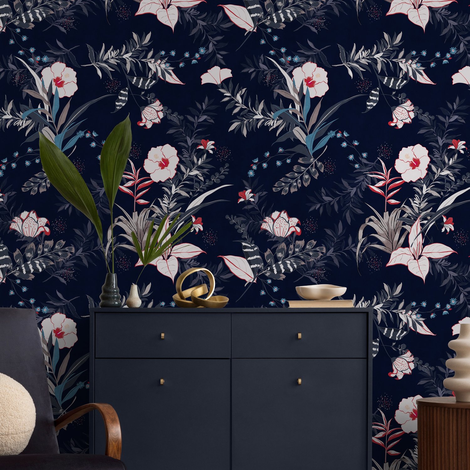 Retro Dark Flowers Wallpaper Mural - Peel and Stick