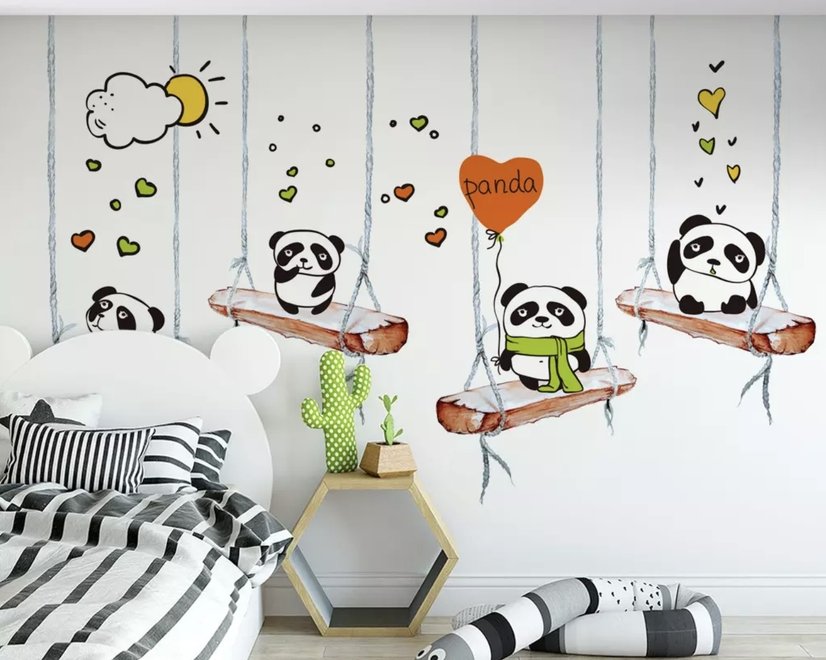 Papier peint panoramique pandas sur balançoires