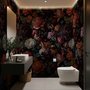 Vintage peony wallpaper mural with plum, blush and ivory flowers, dark foliage and small hummingbirds