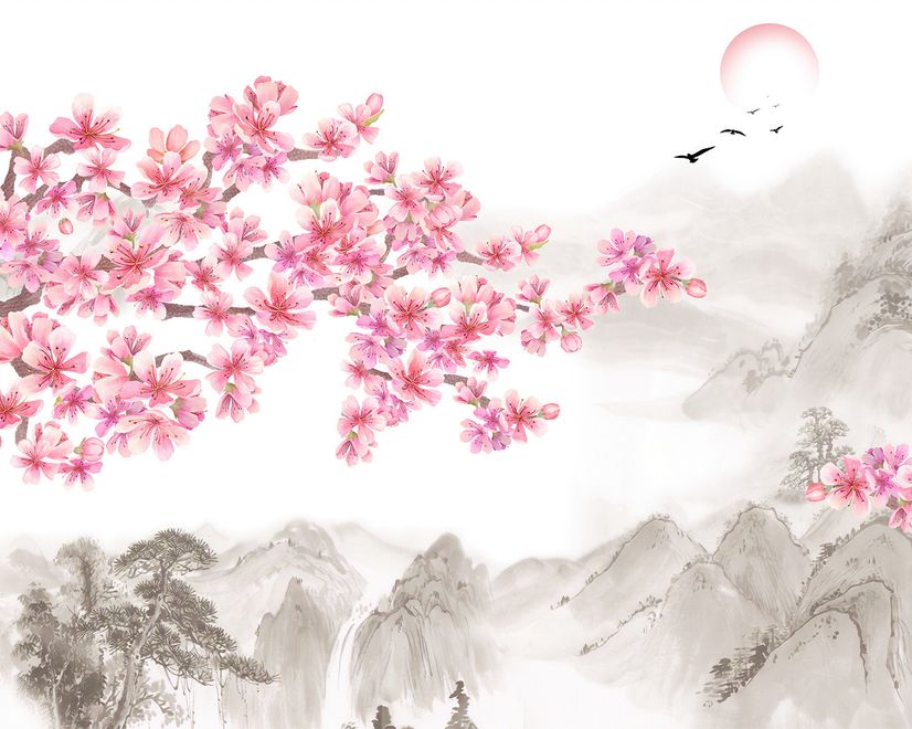 Fototapete Kirschblüte mit Berglandschaft