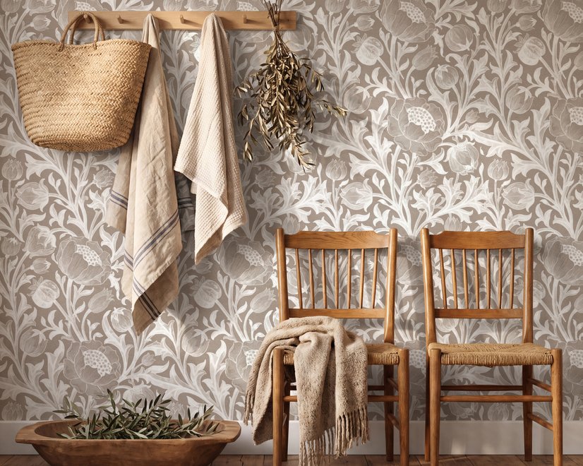 Greige botanical wallpaper with white watercolour flowers, buds, seed heads and acanthus leaves