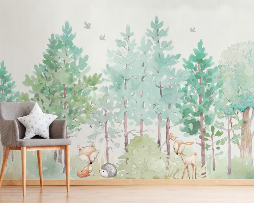 Watercolor Green Forest and Cute Fox,Hedhehog and Elk Wallpaper Mural