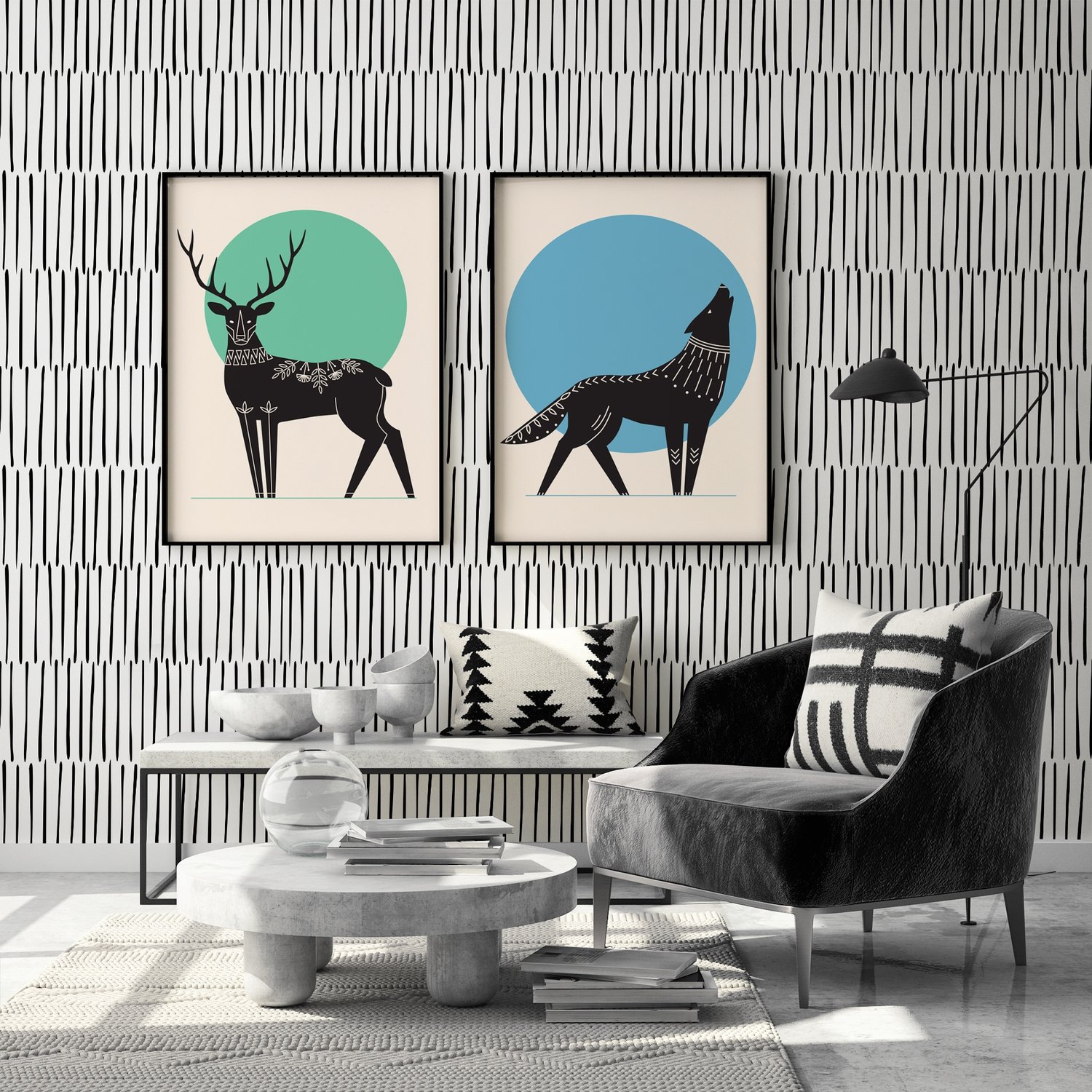Abstract Minimalistic Black and White Line Wallpaper Mural - Peel and Stick