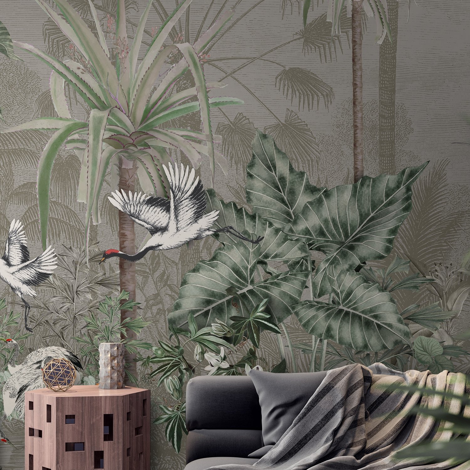 Retro Soft Forest with Stork Wallpaper Mural - Peel and Stick